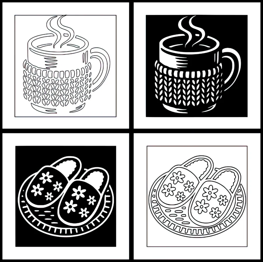 Four sample pages from Monochrome Moments, shown as outline and filled