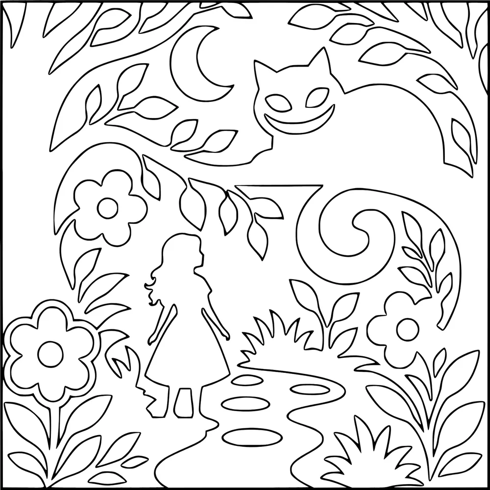 Outline coloring page: Alice and the Cheshire Cat