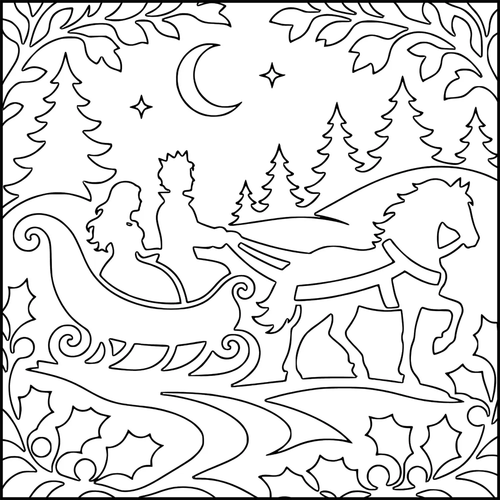 Outline coloring page: a horse-drawn sleigh in a snowy forest